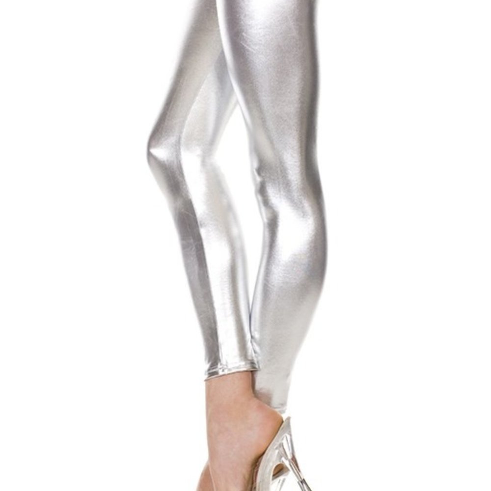 Silver Metallic Look Shiny Leggings One Size